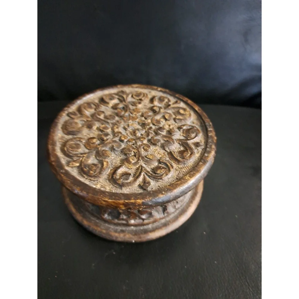 Vintage Covered Wood Box Trinket Round Hand Carved Lidded Victorian
